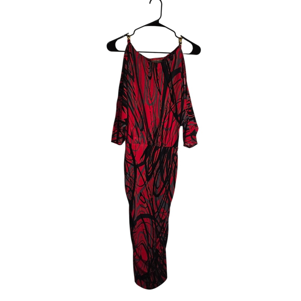 Miss Tina by Tina Knowles Red Abstract Cold Shoulder Ruched Midi Dress Medium